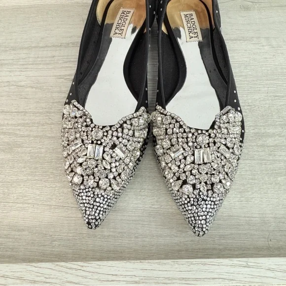 Badgley Mischka Quinn Crystal Embellished Pointed Toe Black Flats Size 8 - Picture 13 of 14